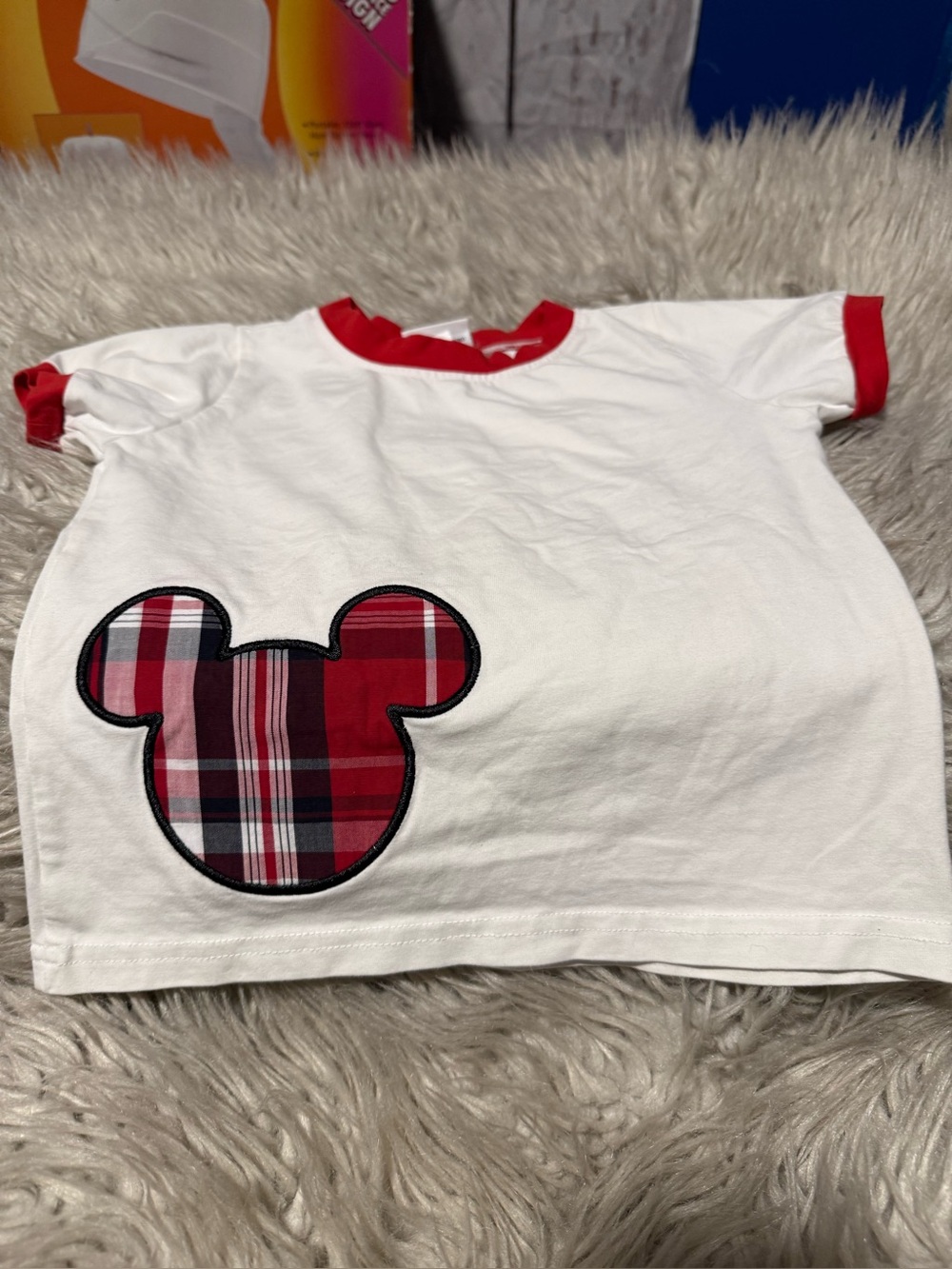 White Kids Tee with Red Plaid Mickey Patch
